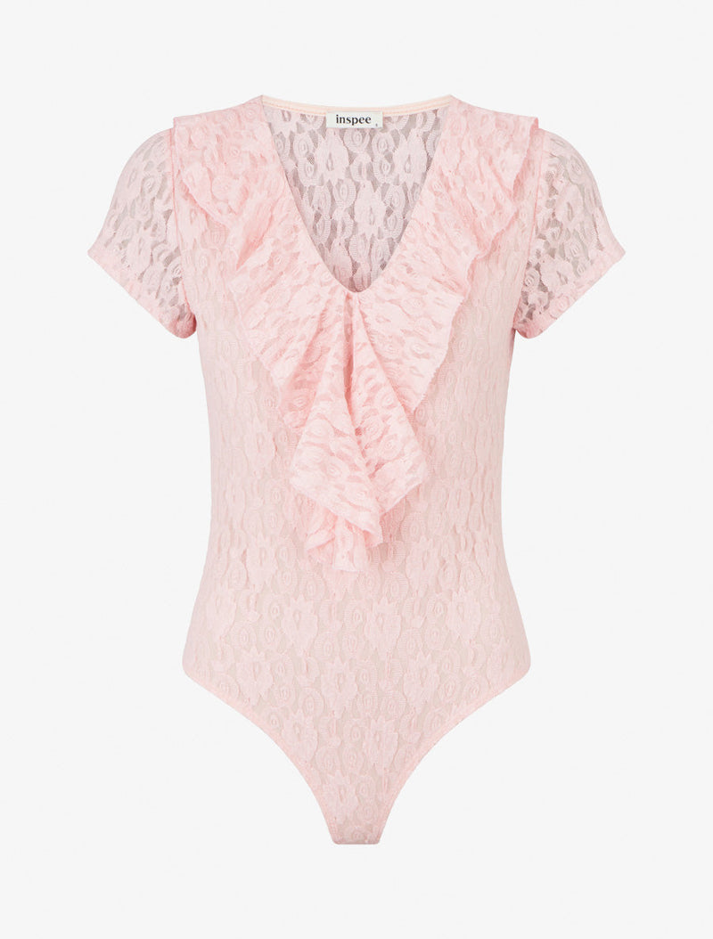 Body liso de encaje con cuello con volantes - Rosa