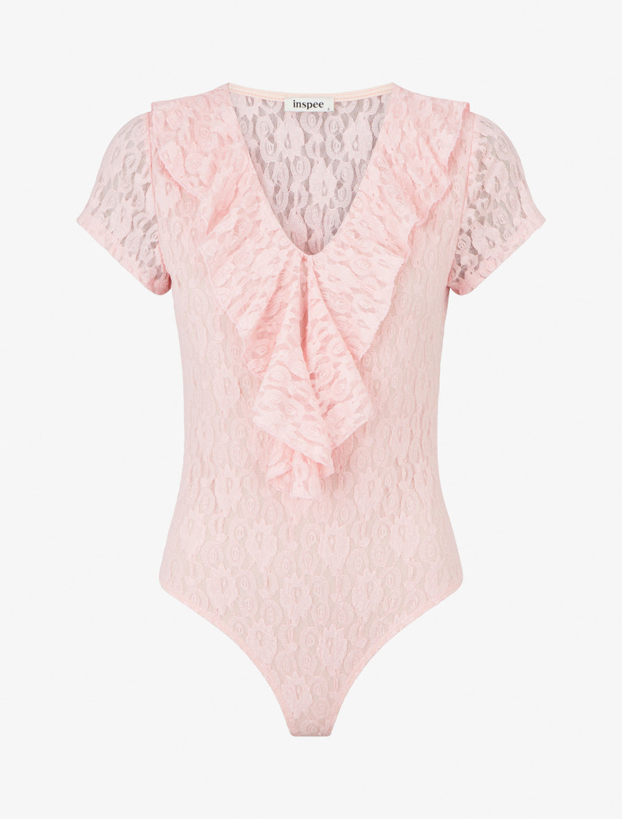 Body liso de encaje con cuello con volantes - Rosa