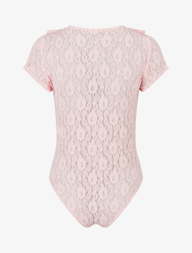 Body liso de encaje con cuello con volantes - Rosa