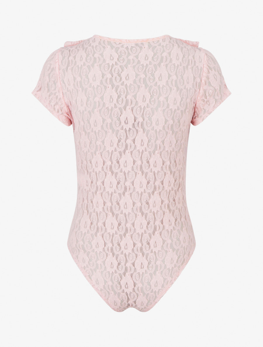 Body liso de encaje con cuello con volantes - Rosa