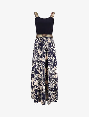 Vestido largo con tirantes y estampado de plantas tropicales - Azul marino