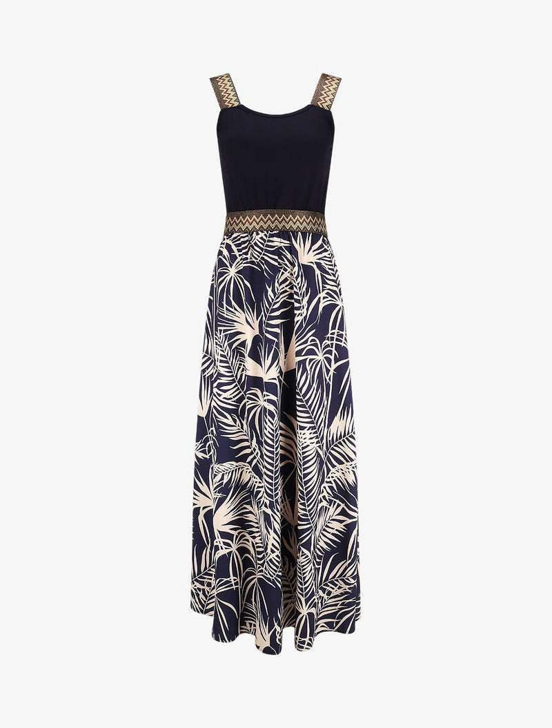 Vestido largo con tirantes y estampado de plantas tropicales - Azul marino