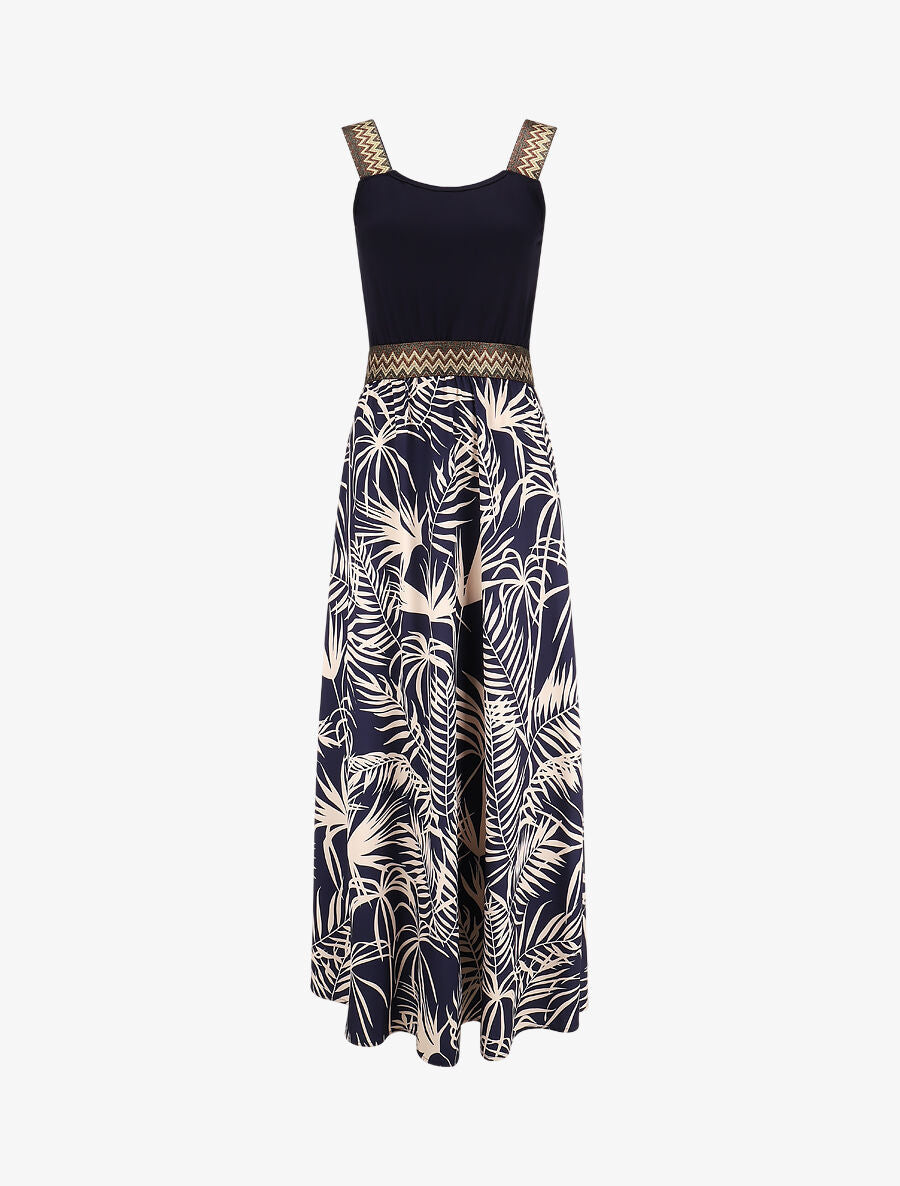 Vestido largo con tirantes y estampado de plantas tropicales - Azul marino